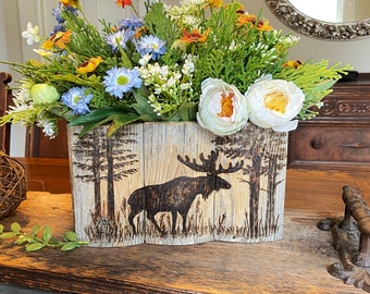 Moose Decor, Flowers For Dining Room Table, Rustic Centerpiece, Faux Flower Arrangement, Weathered Wood Box, Decor For Cabin or Lodge