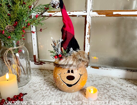 Handmade Christmas Elf Decoration With Light, Unique Gourd Art Centerpiece