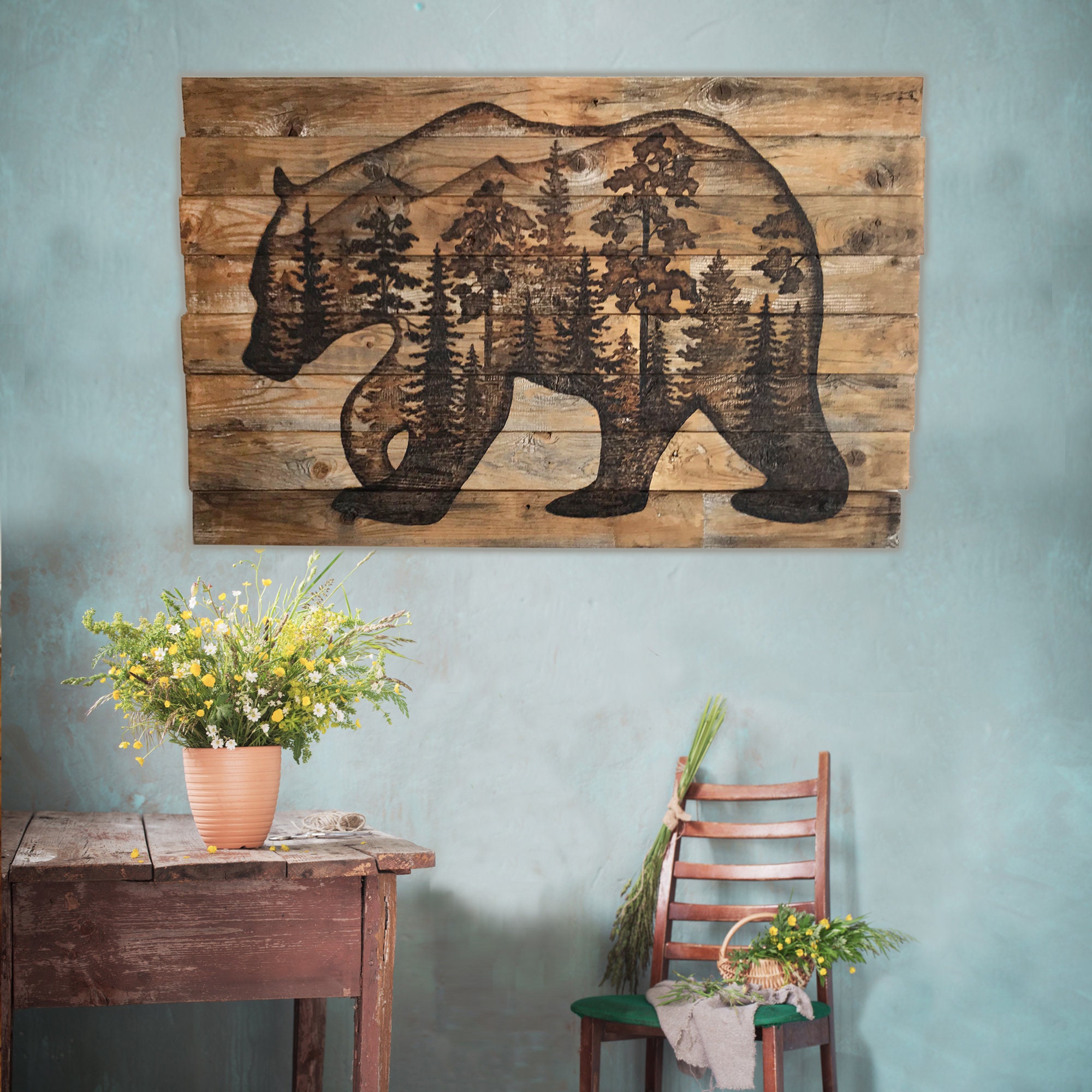 Wood Bear Wall Art, Pine Forest Wall Art, Black Bear Silhouette