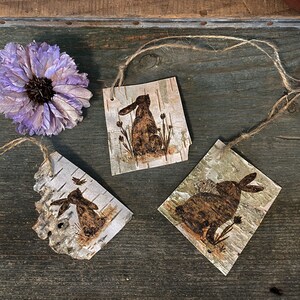 This shows three birch bark tags. I hand-drew the rabbit and bunny artwork with pyrography tools. The bark tags have holes punched in the corner with a piece of twine tied to it. The tags are laid out on a piece of weathered green wood.