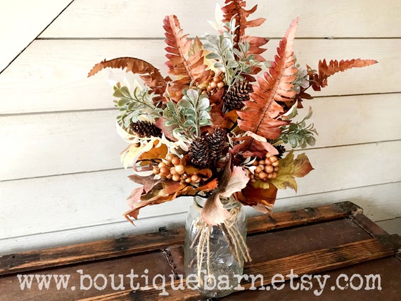 Fall Foliage Stem For Vase, Artificial Ferns, Autumn Tabletop Decor, Mason Jar or Vase Filler, Rustic Centerpiece, Fake Flowers