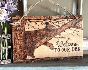 Bear Welcome Sign, Bear Decor, Welcome To Our Den, Handemade Bear Art, Cabin Decor, Bears In Trees, Entryway Decor