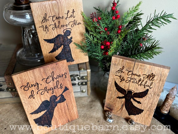 Handmade Wooden Angel, Christmas Hymn Decor, Rustic Angel For Tabletop, Oh Come All Ye Faithful Music Themed Decor