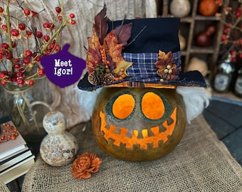 Igor Ghost Gourd – Handmade Halloween Decor, Spooky Pumpkin Luminary, Rustic Fall Centerpiece, One of a Kind Gothic Gift