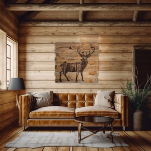 Rustic deer wall hangingover couch in a log cabin.