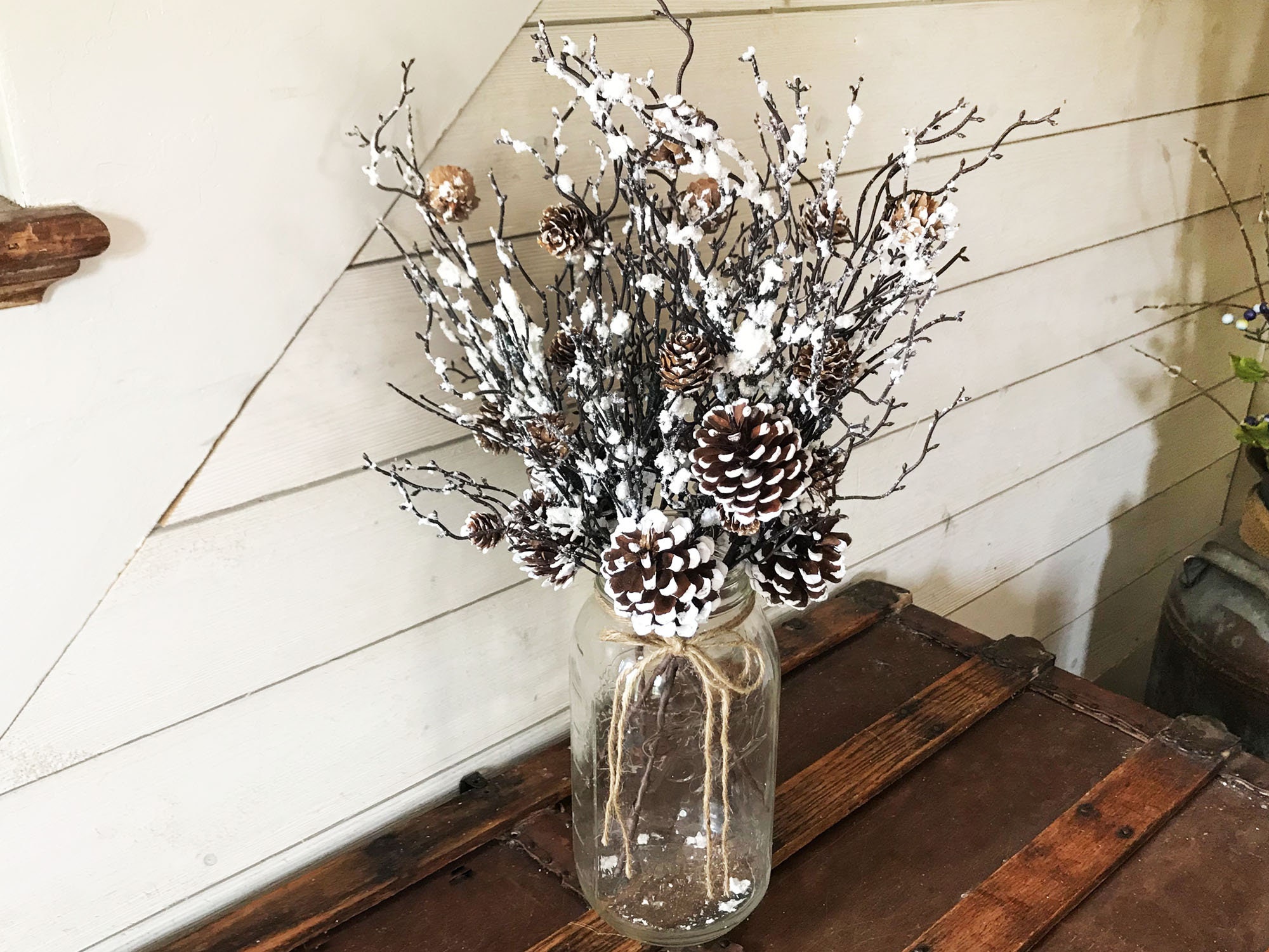 Ramoscelli decorativi per vaso, ramo innevato per vaso, pigne innevate per  vaso, centrotavola invernale, disposizione natalizia -  Italia