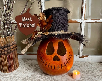 Carved Fall Gourd, Handmade Pumpkin Decoration, Whimsical Pumpkin With Lights, Jack O Lantern Decor, Fall Tabletop Decor