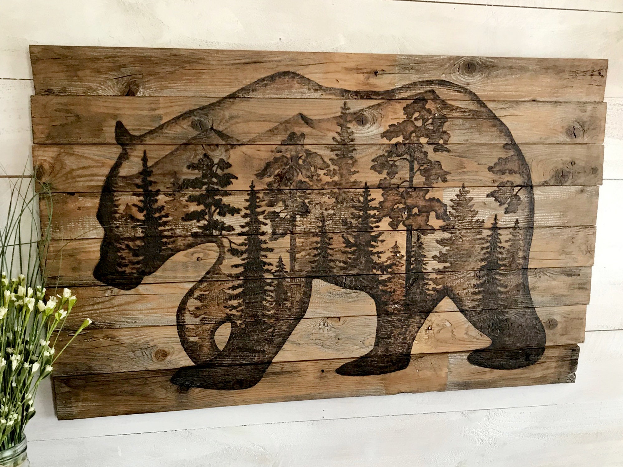 Arte de pared de oso de madera silueta de oso decoración de | Etsy