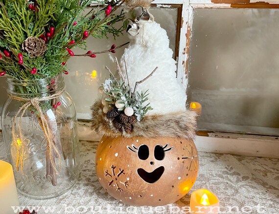 Handmade Christmas Elf Decoration With Light, Unique Gourd Art Centerpiece