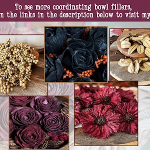 This shows a collage of bowl fillers I sell at my shop, Boutique Barn. It includes natural dried berries and wood flowers.