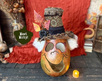 Spooky Halloween Pumpkin Ghost Gourd – Handcrafted Fall Decor, Lighted Monster Luminary, Whimsical OOAK Collectible, Rustic Halloween Art