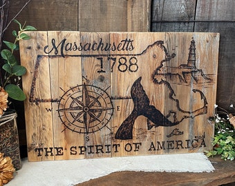 Massachesettes Wall Art, Rustic Wood Map MA, Decorative Wall Art, Wooden State Sign, Light House Wall Art
