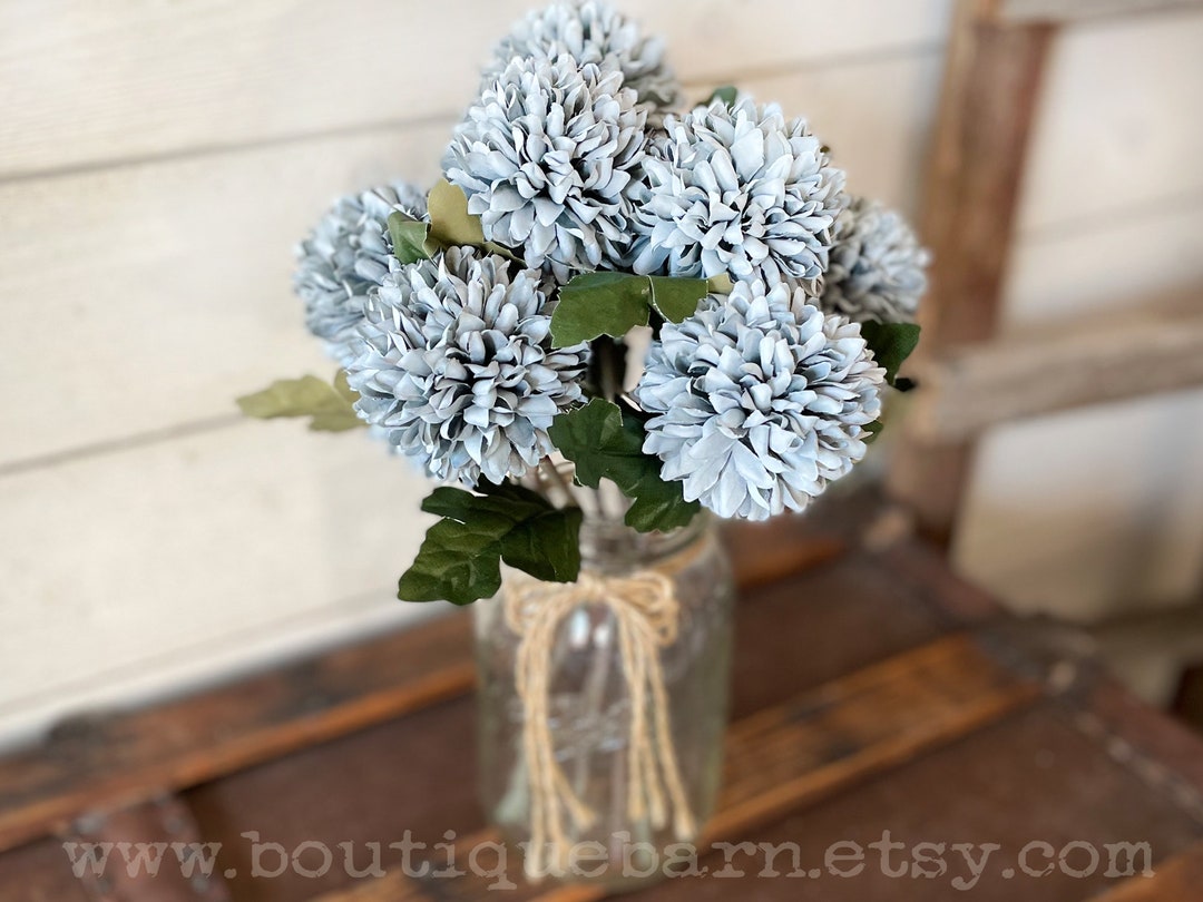 Round Blue Pom Pom Flowers for Vase, Fake Flower Stems, Faux Flower