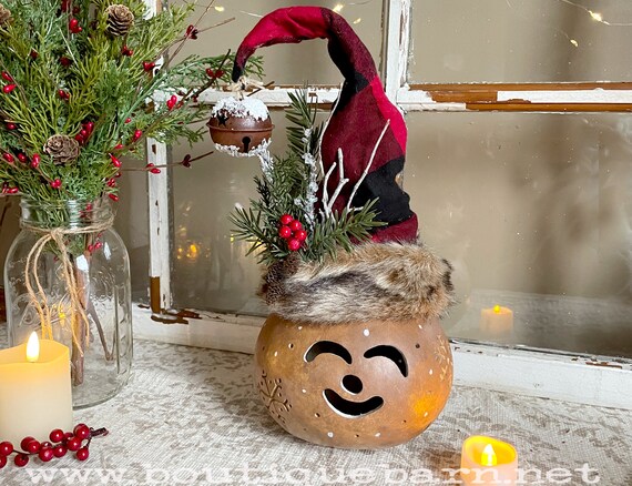 Handmade Christmas Elf Decoration With Light, Unique Christmas Gourd Art, Table Centerpiece