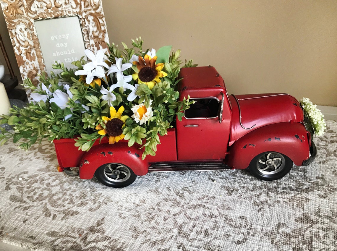 Red Truck Flower Arrangement Antique Truck Rustic Etsy