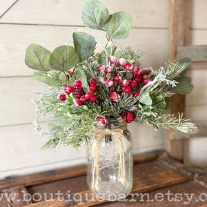 Christmas Greenery For Vase, Frosted Eucalyptus and Berry Spray, Winter Branches, Winter Flower Arrangement, Rustic Christmas Centerpiece