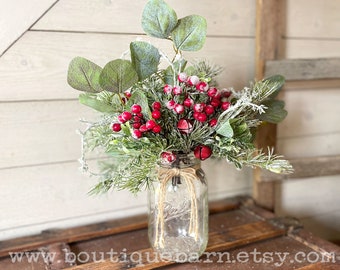 Christmas Greenery For Vase, Frosted Eucalyptus and Berry Spray, Winter Branches, Winter Flower Arrangement, Rustic Christmas Centerpiece