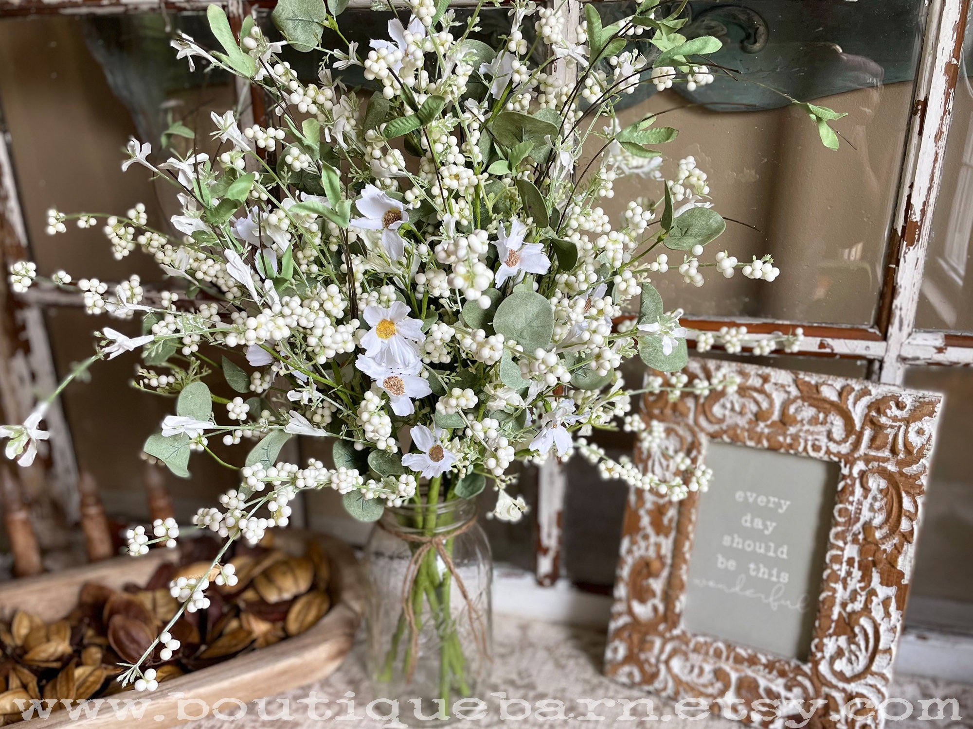 Daisy and Eucalyptus Wildflower Spray, Rustic Centerpiece Vase Filler, Faux  Boho Flowers For Table