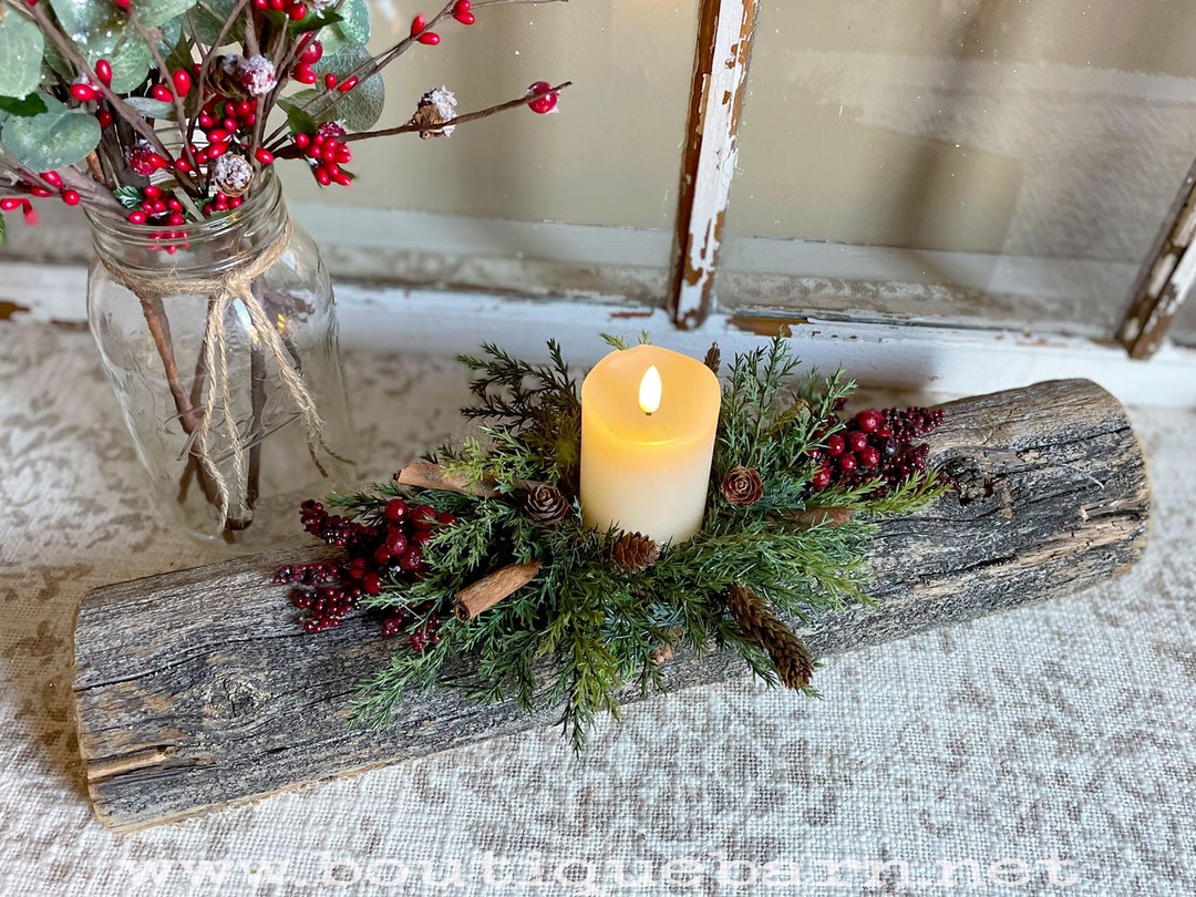 Handmade Yule Log Christmas Candle Centerpiece, Candle Riser