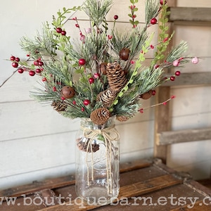 Christmas Greenery For Vase, Pine and Berry Spray With A Rusty Jingle Bell, Winter Branches, Winter Flower Arrangement, Rustic Centerpiece