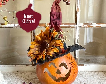 Halloween Pumpkin Decoration, Fall Gourd, Witch Decoration, Primative Fall Decor, Carved Gourd Art, Indoor Fall Pumpkin With Lights