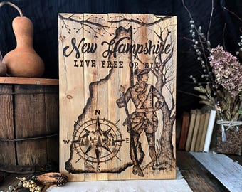New Hampshire Wall Art, Rustic Reclaimed Wood State Map, Live Free or Die Decor, White Mountains Cabin Wall Hanging