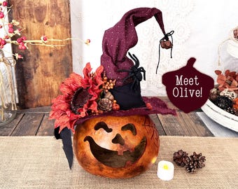 Halloween Pumpkin Decoration, Fall Gourd, Witch Decoration, Primative Fall Decor, Carved Gourd Art, Indoor Fall Pumpkin With Lights