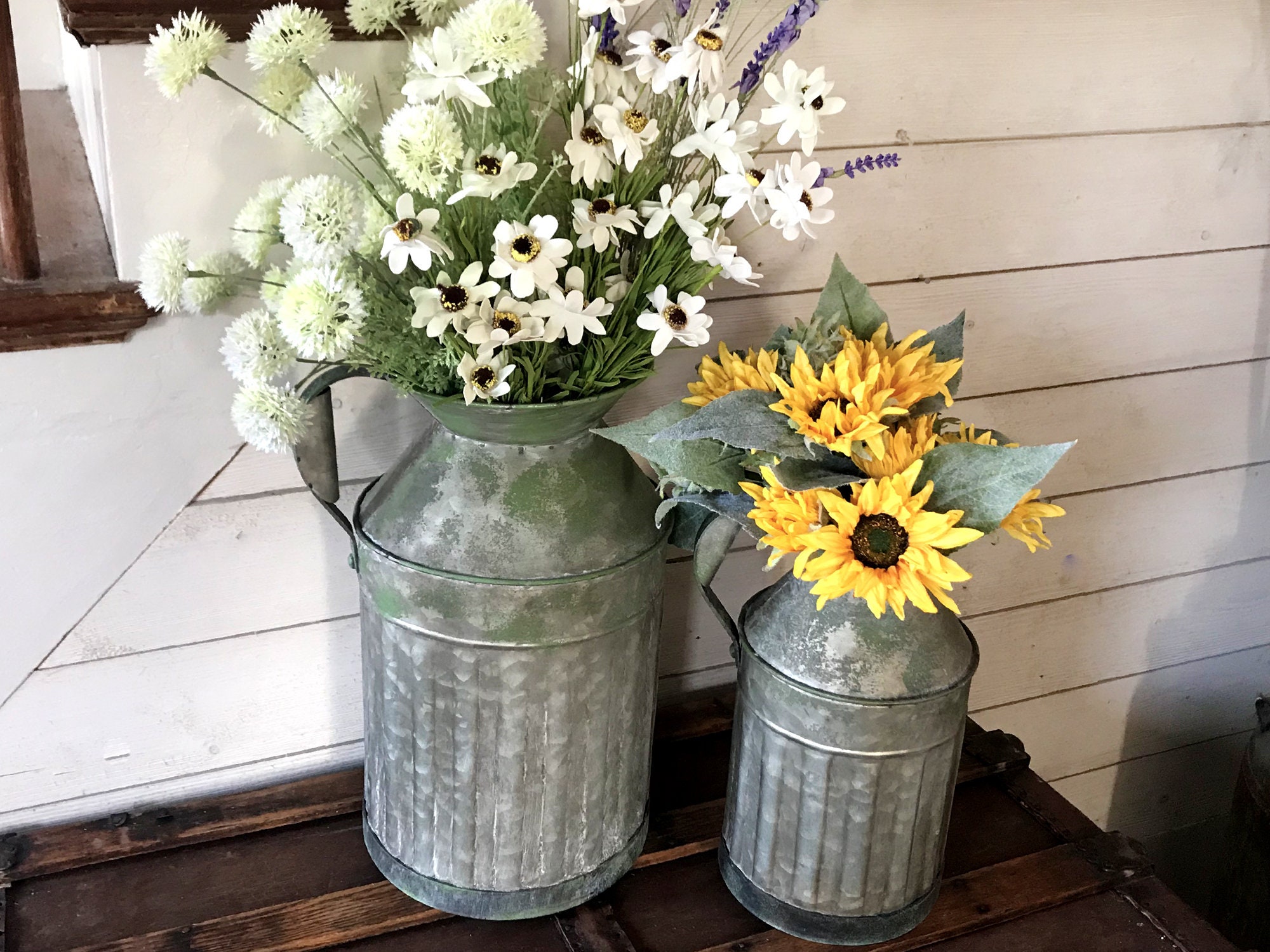 LIBWYS Metal Flower Vase Milk Can Rustic Style with Rose & Eucalyptus Shabby Chic Metal Vase for Rustic Home Dining Table Centerpieces Decor Champagne, 1 