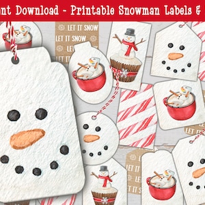 Christmas Gift Tags, Snowman Printable, Hot Cocoa Tag, Winter Ephemera, Snowman Favor Topper, Snowman Party, Snowman Face, Gift Bag Tag Kids