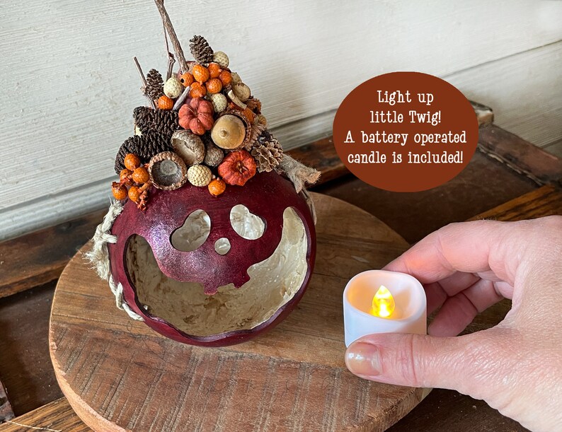 This is a handmade pumpkin decoration. It is a real dried gourd, with a carved ghostly facial expression. The shell has been stained a burgundy color. A battery-operated candle is included.