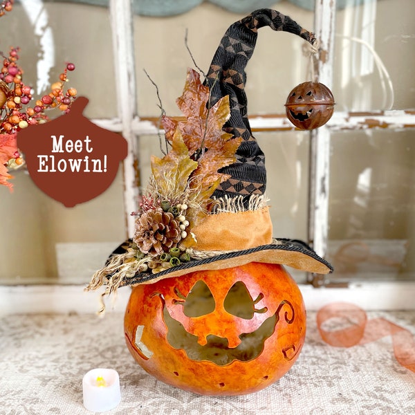 Fall Gourd, Witch Decoration, Halloween Pumpkin Decoration, Primitive Fall Decor, Carved Gourd Art, Indoor Fall Pumpkin With Lights