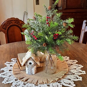 Christmas Greenery, Artificial Pine Fir and Berry Spray, Vase Filler, Wreath Arrangement Centerpiece Supplies