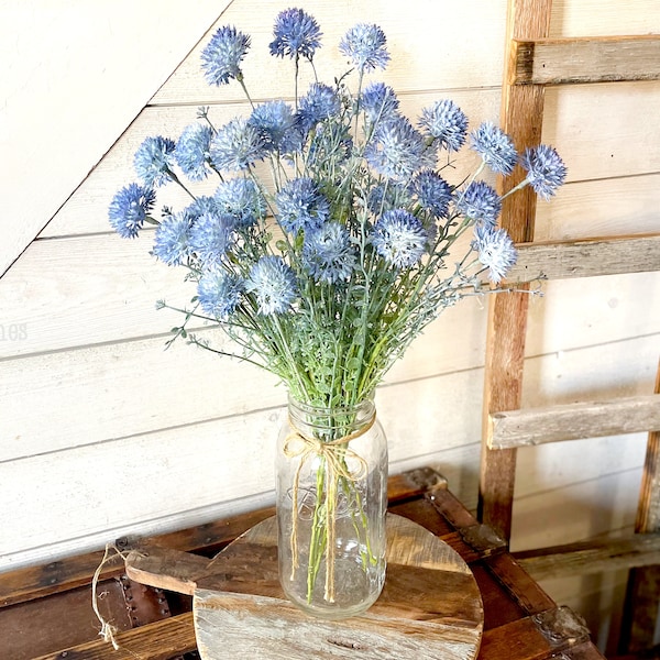 Faux Flower Bouquet, Wildflower Arrangement, Fake Flowers Centerpiece, Blue Allium Flowers, Flower Arrangement, Rustic Centerpiece For Table