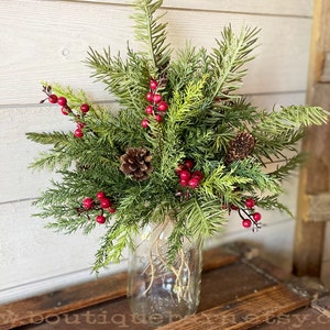 Artificial Pine Fir and Berry Spray|Christmas Greenery|Vase Filler|Wreath Arrangement Centerpiece Supplies