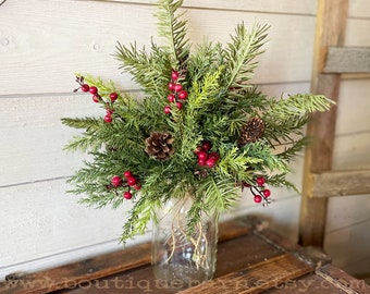 Pino artificial, abeto y bayas en rama/Verde navideño/Relleno para jarrones/Arreglos florales/Centro de mesa