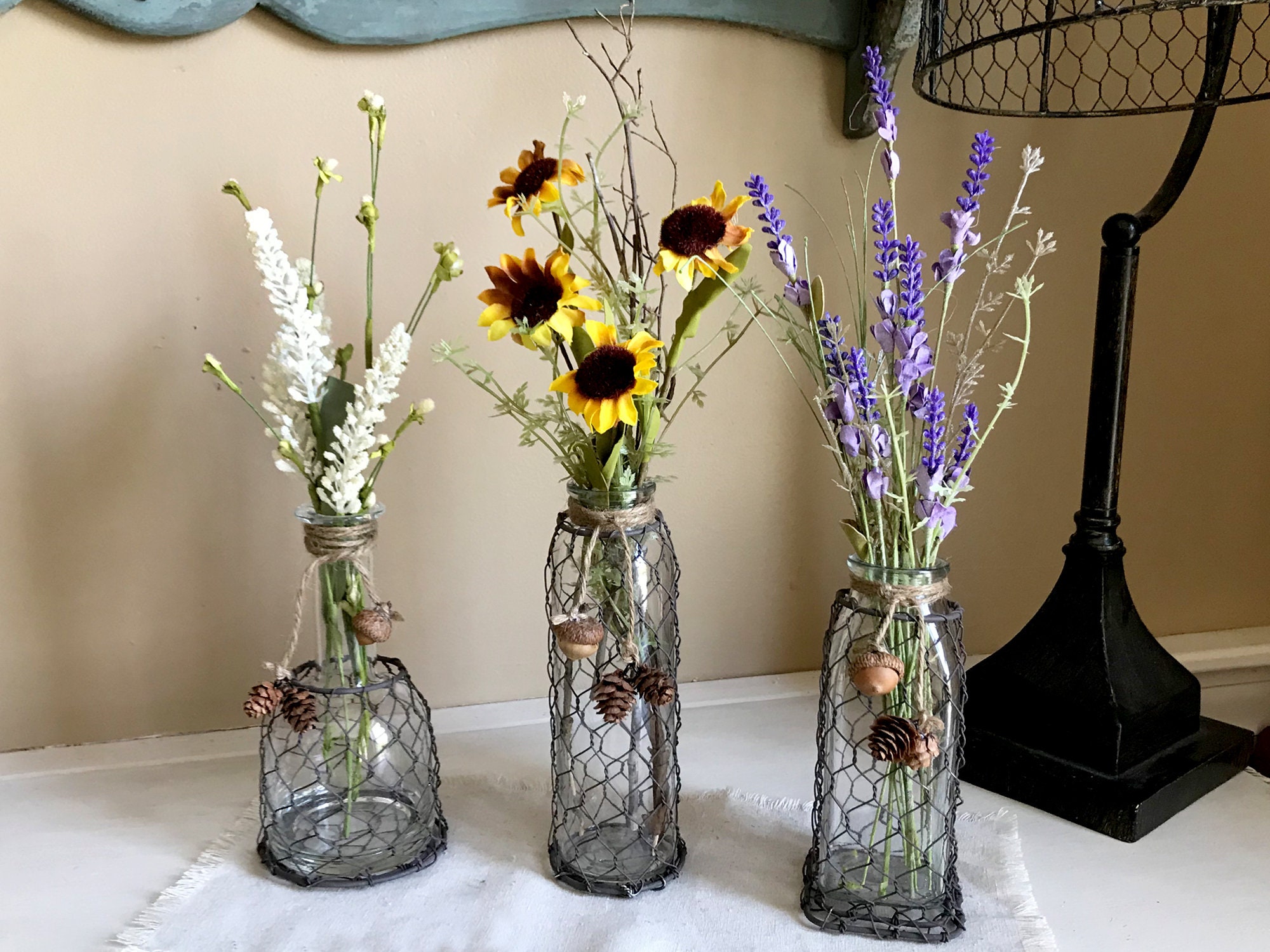 Glass Bud Vase In Chicken WireRustic Centerpiece Arrangement Etsy