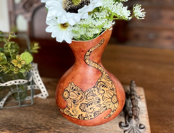 Gourd Decoration, Gifts For Cat Lovers For Women, Handmade Vase Rustic, Natural Vase, Carved Gourd Art,  Rustic Centerpiece Table Decoration