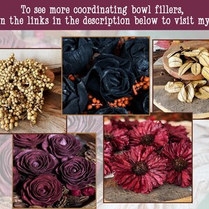This shows a collage of bowl fillers I sell at my shop, Boutique Barn. It includes natural dried berries and wood flowers.