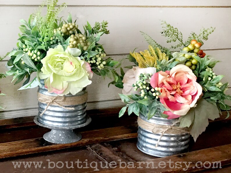 Soup Can Flower Arrangement Rustic Centerpiece Fake Flowers Etsy