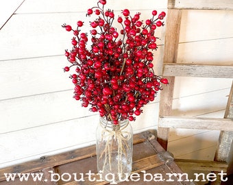 Red Berry Stem For Christmas Decorating, Berries For Mason Jar Vase, Rustic Centerpiece For Buffet Or Tabletop Décor