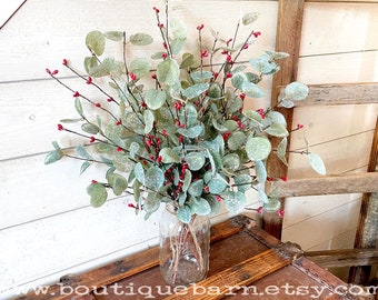 Christmas Greenery, Frosted Eucalyptus Spray With Red Berries For Vase, Mason Jar Christmas, Winter Flower Arrangement