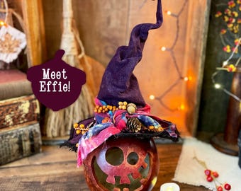 Halloween Pumpkin Decoration, Whimsical Pumpkin, Pumpkin Carved From Gourd, Witch Decoration, Gourd Art, Indoor Fall Pumpkin With Lights
