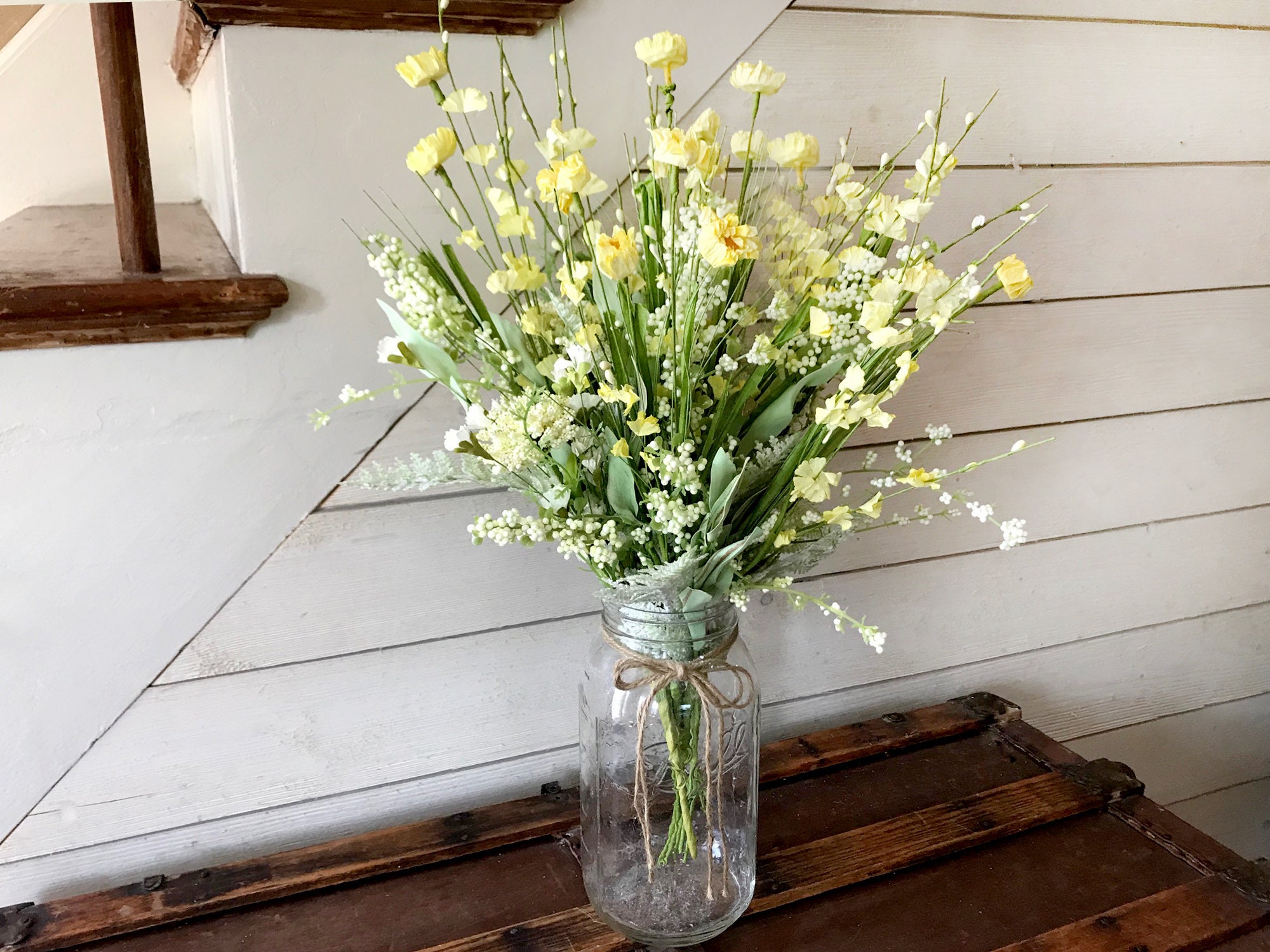Boho Flower Arrangement, Faux Flowers For Vase, Rustic Centerpiece for Dining Table, Artificial Wildflower Bouquet, Fake Flowers For Vase