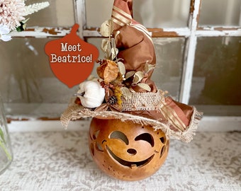 Halloween Pumpkin Decoration, Whimsical Pumpkin, Carved Gourd, Witch Decoration, Gourd Art, Indoor Fall Pumpkin With Lights