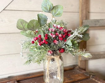 Christmas Greenery For Vase, Frosted Eucalyptus and Berry Spray, Winter Branches, Winter Flower Arrangement, Rustic Christmas Centerpiece