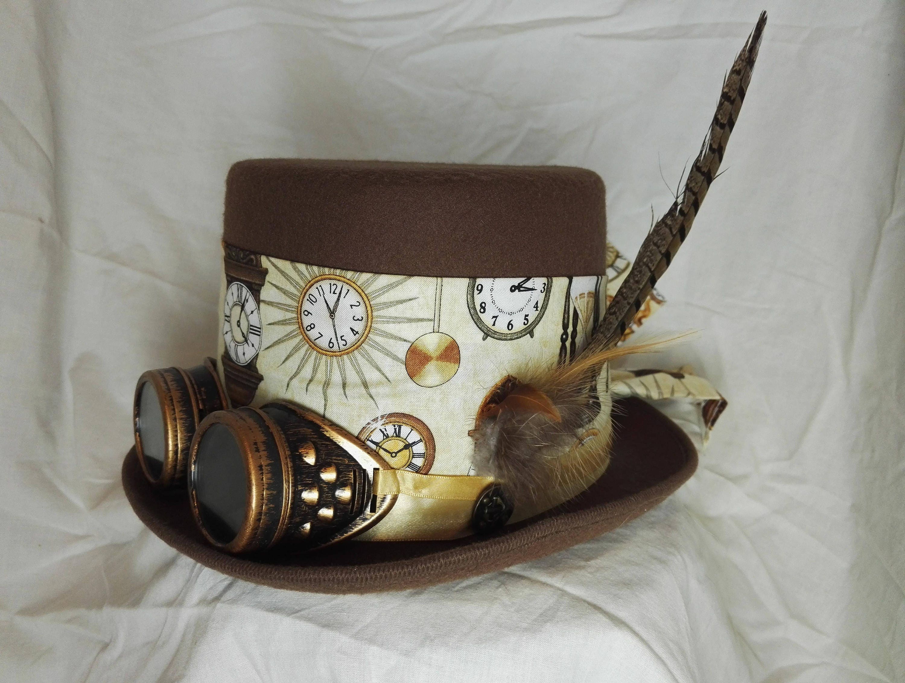 Steampunk Large Top Hat with clock fabric and bronze goggles Etsy