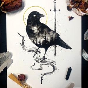 May include: A black crow with a forest scene inside its body perched on a branch with a sword behind it. The crow has a golden halo around its head.