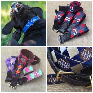 Könnte beinhalten: Eine Collage von Hundehalsbändern und Zubehör. Ein Bild zeigt einen schwarzen Hund mit einem blauen Halsband mit dem Namen "BROOKS". Weitere Bilder zeigen farbenfrohe gemusterte Halsbänder und Riemen mit Initialen und Zahlen. Die Halsbänder haben Leder und Metallbeschläge.