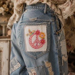 May include: Blue denim jeans featuring a distressed finish and multiple fabric patches. The back pocket displays a white square patch with a pink floral peace sign and a small colorful bird. The jeans have frayed edges and visible stitching.