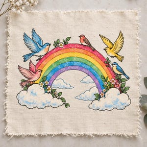 May include: A square piece of off-white fabric with frayed edges featuring a colorful illustration of a rainbow, fluffy white clouds, small green leaves, white and pink flowers, and four birds in shades of blue, yellow, and pink.